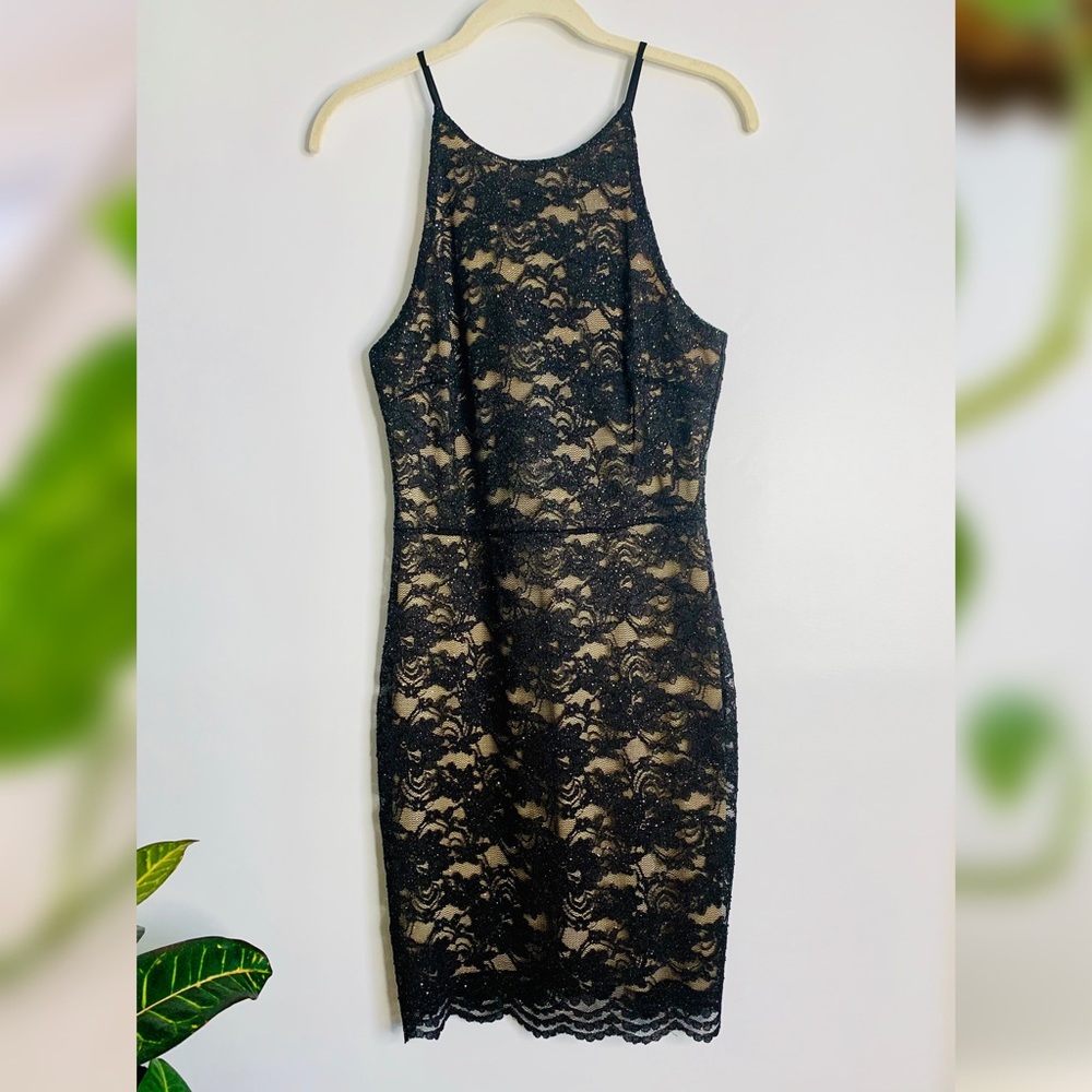 Aqua black and nude lace dress